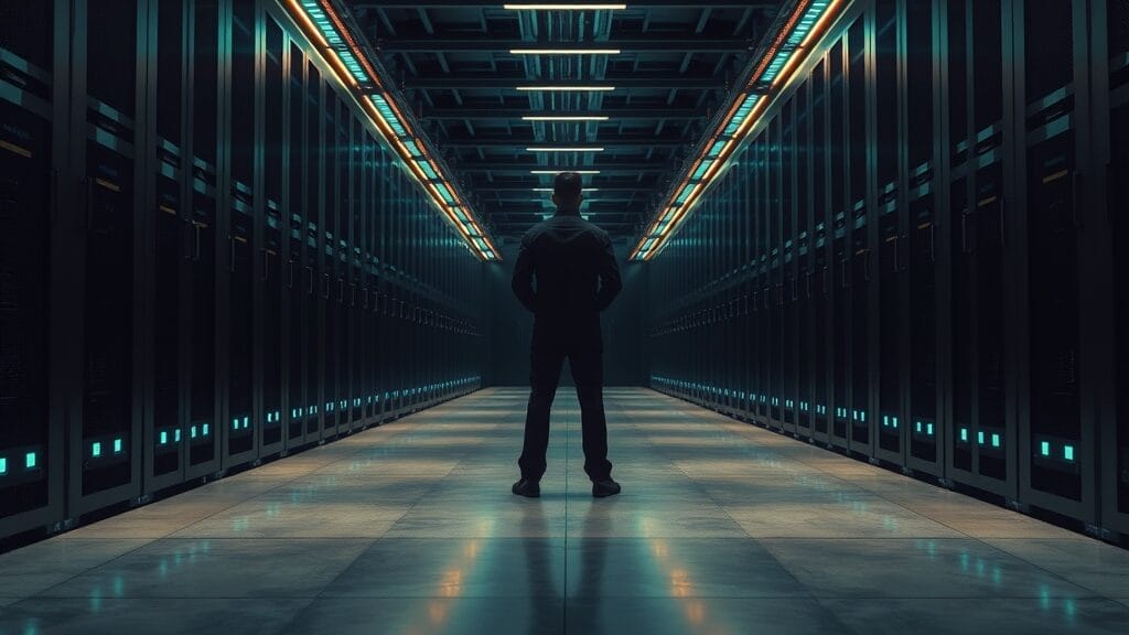 I/O 2026 : Gemini bascule dans l'agentique, 900 millions d'utilisateurs en ligne de mire 1 Vue large d'une salle de serveurs aux racks d'acier brossé, lumières émeraude et silhouette d'un technicien au loin.