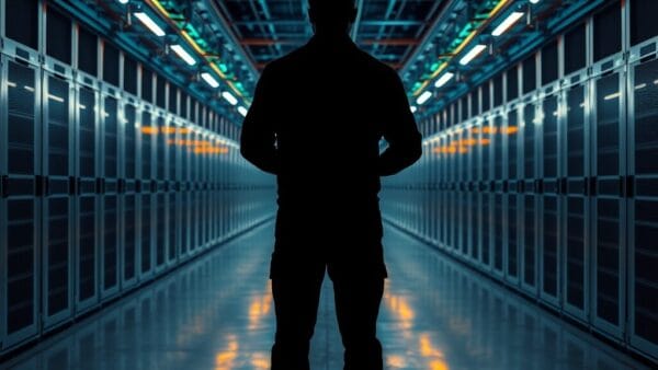 Salle de serveurs Google vue en perspective, silhouette d'un technicien de dos au fond du couloir éclairé.