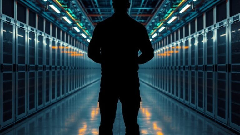 Salle de serveurs Google vue en perspective, silhouette d'un technicien de dos au fond du couloir éclairé.