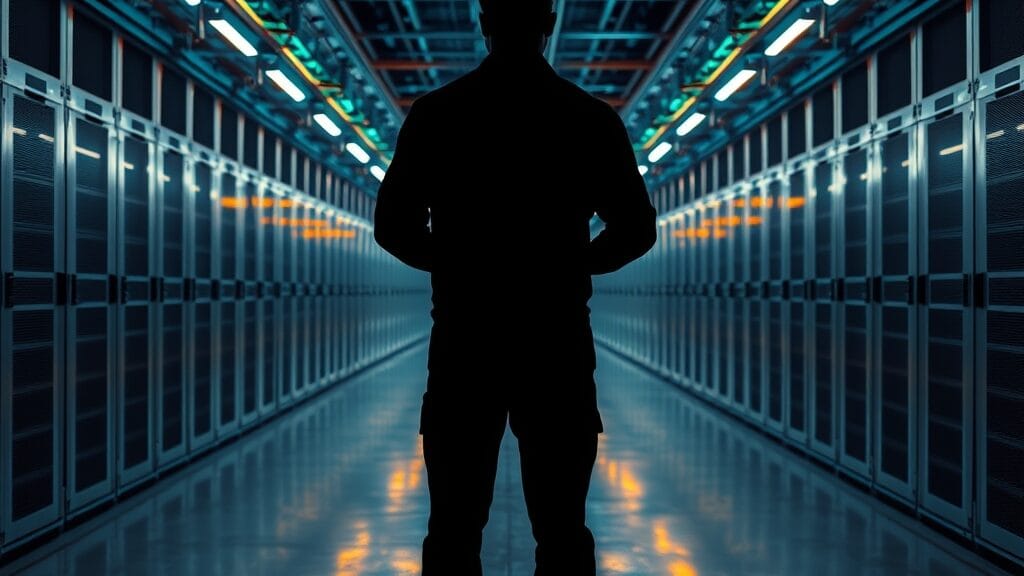 I/O 2026 : Gemini passe à l'agentique, Google double sa mise à 190 Md$ 1 Salle de serveurs Google vue en perspective, silhouette d'un technicien de dos au fond du couloir éclairé.