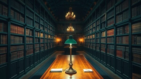 Bibliothèque mathématique vide au crépuscule avec longue table de bois et compas en laiton sous une lampe verte.