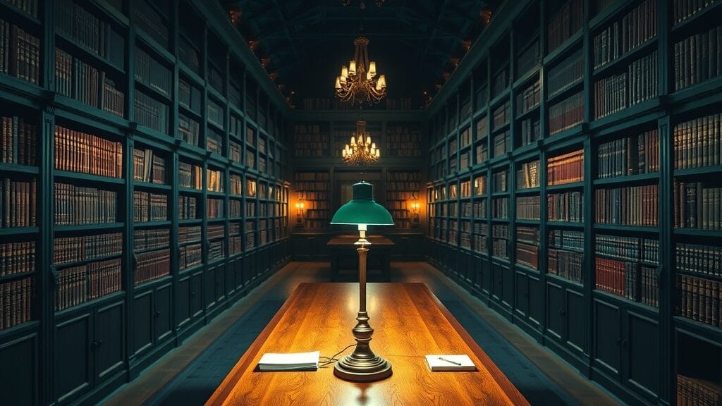 Bibliothèque mathématique vide au crépuscule avec longue table de bois et compas en laiton sous une lampe verte.
