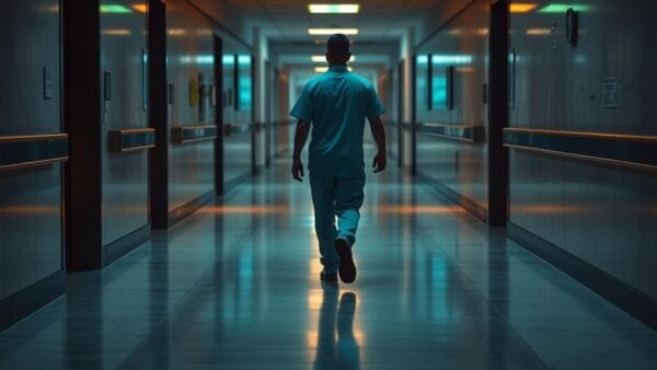 Couloir d'hôpital au crépuscule, silhouette d'un soignant de dos s'éloignant vers le service d'urgence.