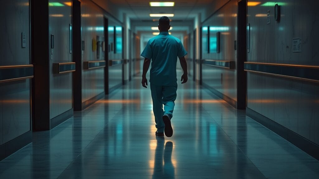 Couloir d'hôpital au crépuscule, silhouette d'un soignant de dos s'éloignant vers le service d'urgence.