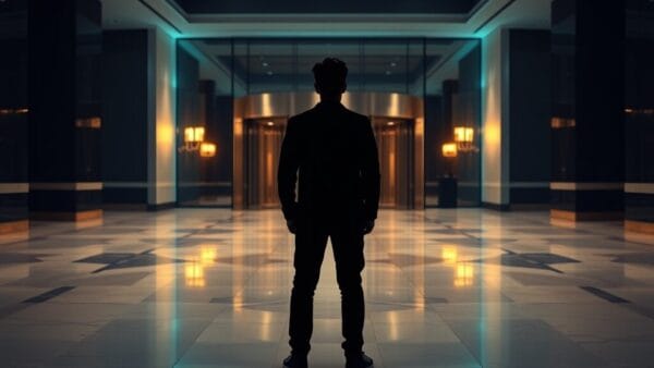 Silhouette d'un jeune candidat de dos face aux portes fermées d'un grand hall d'entreprise vide au petit matin.