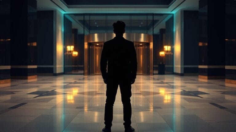 Silhouette d'un jeune candidat de dos face aux portes fermées d'un grand hall d'entreprise vide au petit matin.
