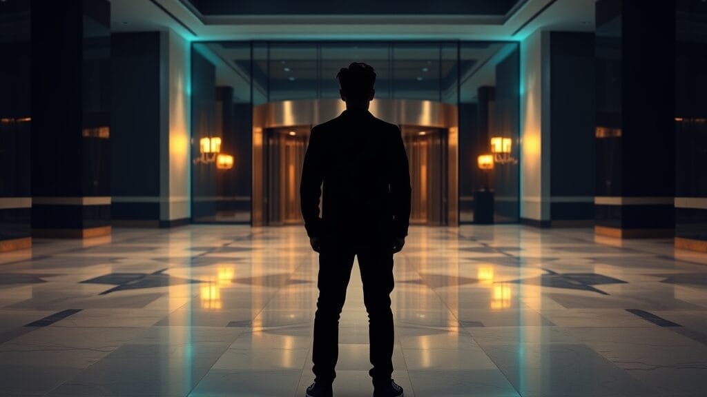 IA générative et marché du travail en 2026 : anatomie d'une bascule silencieuse 1 Silhouette d'un jeune candidat de dos face aux portes fermées d'un grand hall d'entreprise vide au petit matin.