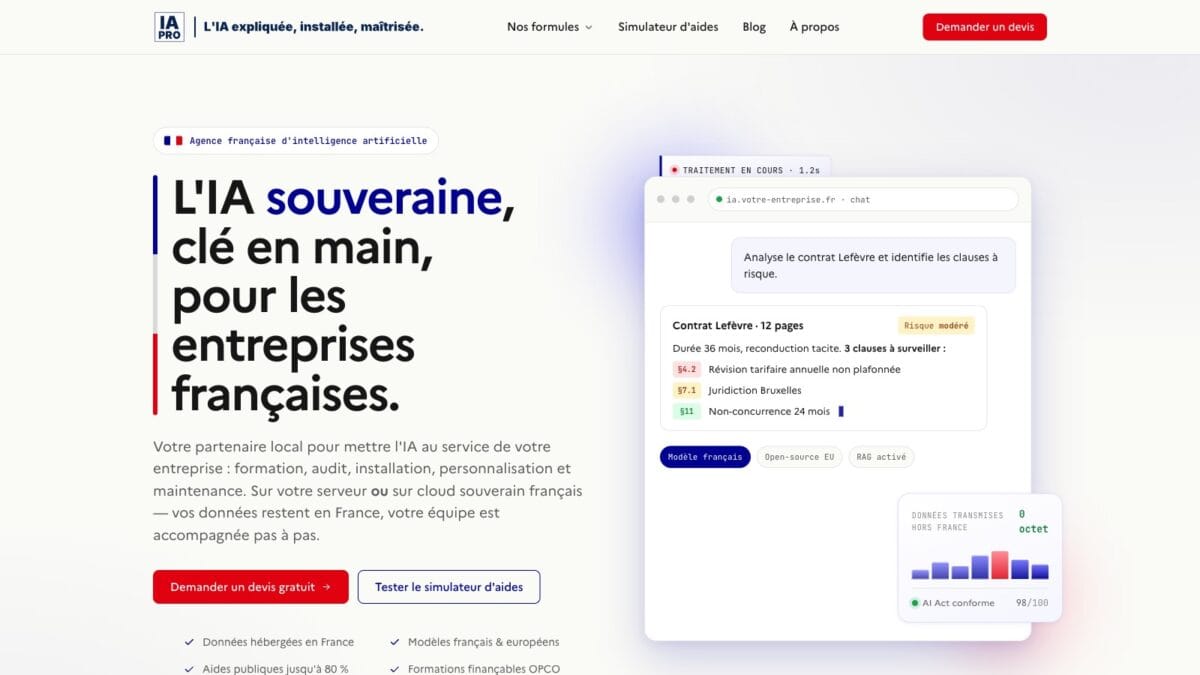 Capture de la page d'accueil d'IAPRO, agence française d'intelligence artificielle souveraine
