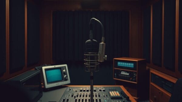 Studio radio vide au crépuscule, console vintage en acier brossé et micro éteint sur bras articulé.