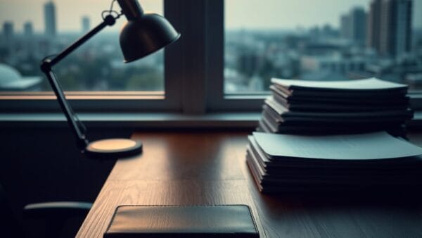 Bureau de veille ordonné à l'aube avec carnet fermé, lampe éteinte et dossiers empilés devant une grande fenêtre.