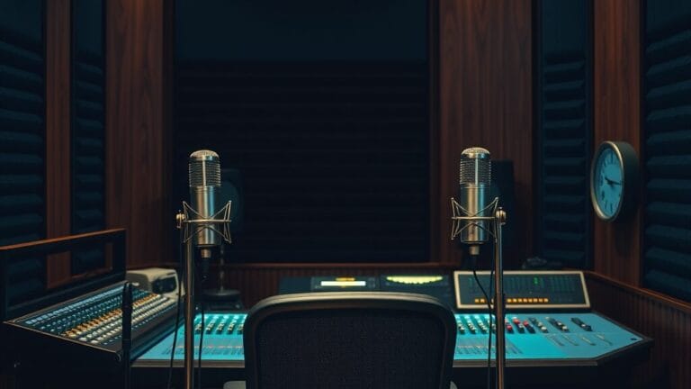 Studio de radio vide la nuit avec console fermée et micros sur pied, lumière tamisée.