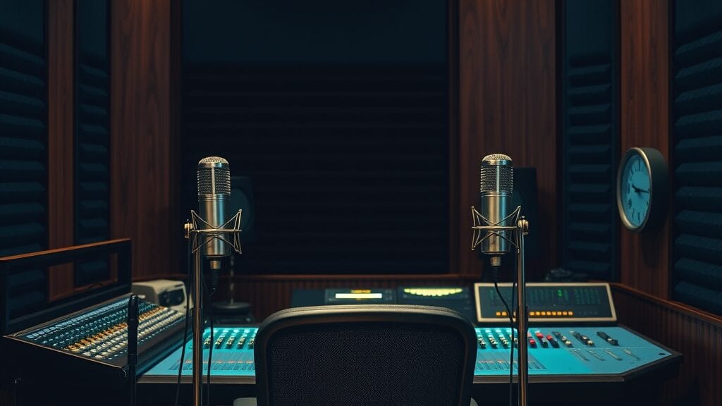 Studio de radio vide la nuit avec console fermée et micros sur pied, lumière tamisée.