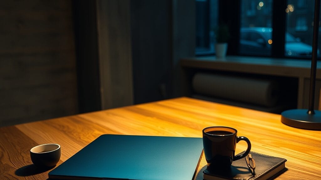 Bureau de développeur sobre au crépuscule avec ordinateur portable fermé, carnet et tasse de café.
