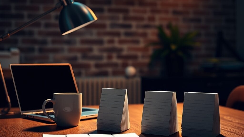 Bureau en bois avec ordinateur portable fermé et cartes index alignées en trois colonnes évoquant un tableau Kanban.
