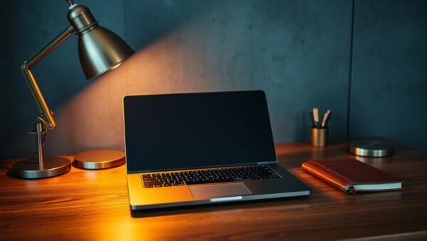Bureau de développeur au crépuscule : laptop fermé, carnet en cuir et lampe en laiton sur plateau bois.