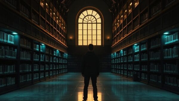Bibliothèque institutionnelle au crépuscule, silhouette d'un chercheur de dos au fond d'une grande salle vide.