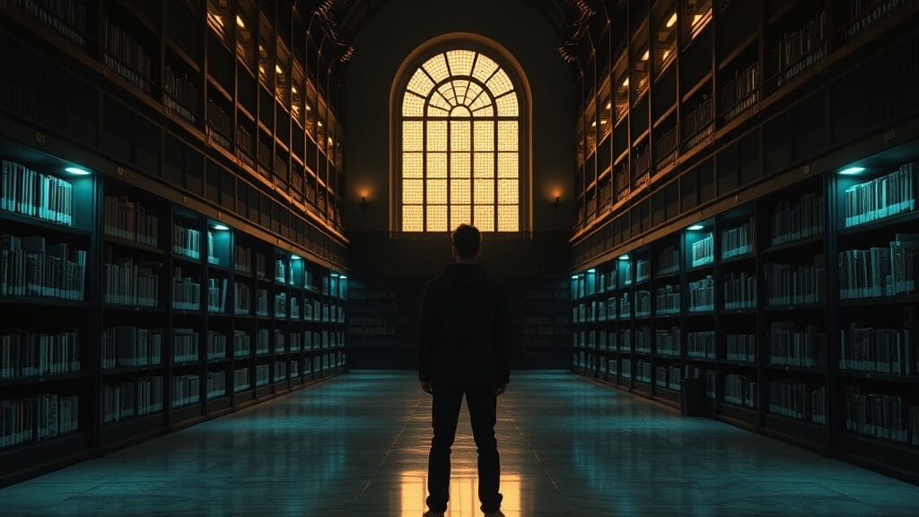 Bibliothèque institutionnelle au crépuscule, silhouette d'un chercheur de dos au fond d'une grande salle vide.