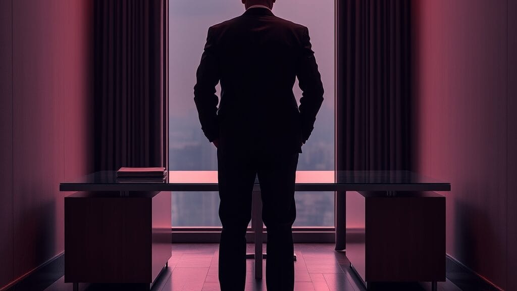 Cadre de dos devant la fenêtre d'un bureau d'angle, silhouette pensive dans une lumière contrastée.