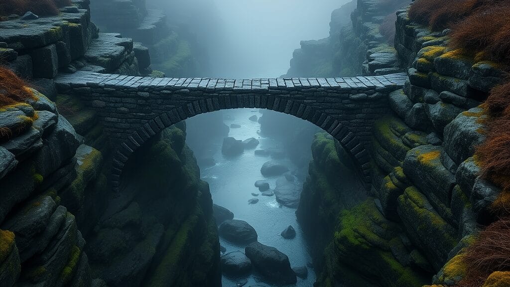 Pont de pierre franchissant un ravin brumeux au lever du jour, métaphore du passage entre deux mondes cognitifs.