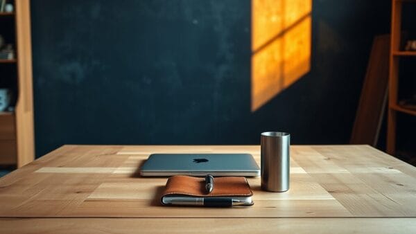 Bureau en bois clair avec ordinateur fermé, carnet en cuir et stylo alignés sous une lumière chaude.