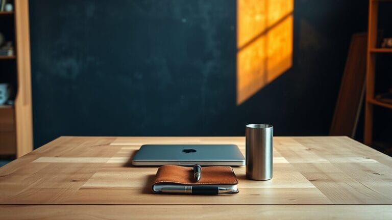Bureau en bois clair avec ordinateur fermé, carnet en cuir et stylo alignés sous une lumière chaude.