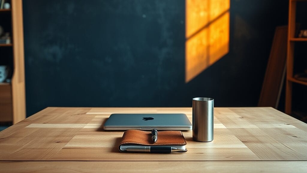 Bureau en bois clair avec ordinateur fermé, carnet en cuir et stylo alignés sous une lumière chaude.