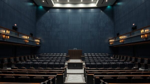 Salle de conseil institutionnelle vide avec sièges en bois sombre et podium en marbre, éclairage tamisé.