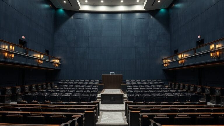 Salle de conseil institutionnelle vide avec sièges en bois sombre et podium en marbre, éclairage tamisé.