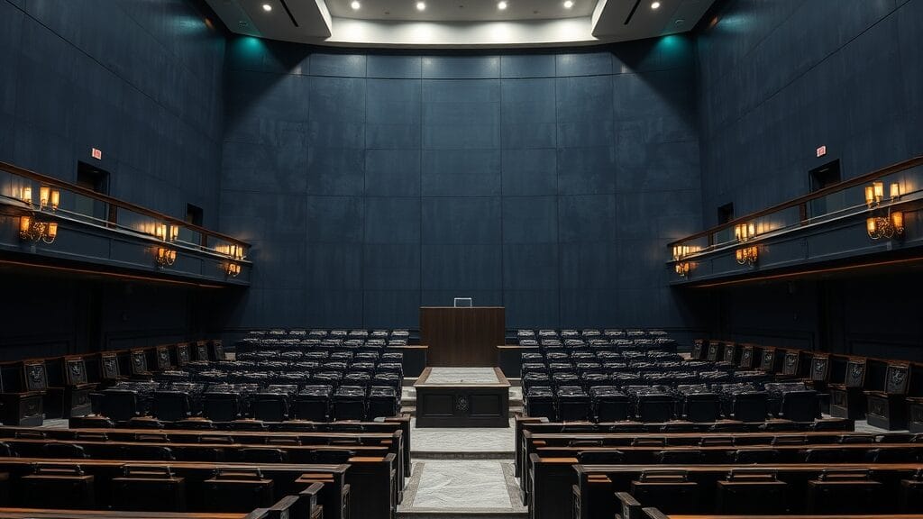 Salle de conseil institutionnelle vide avec sièges en bois sombre et podium en marbre, éclairage tamisé.