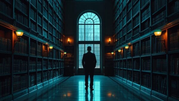 Bibliothèque institutionnelle au crépuscule, silhouette d'un lecteur de dos près d'une fenêtre, sols en marbre.