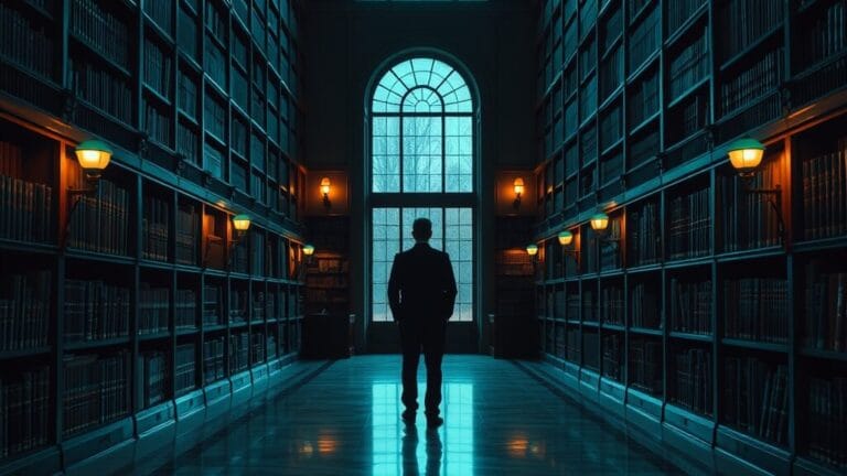 Lois inverses de l'IA : pourquoi le risque s'est inversé 6 Bibliothèque institutionnelle au crépuscule, silhouette d'un lecteur de dos près d'une fenêtre, sols en marbre.