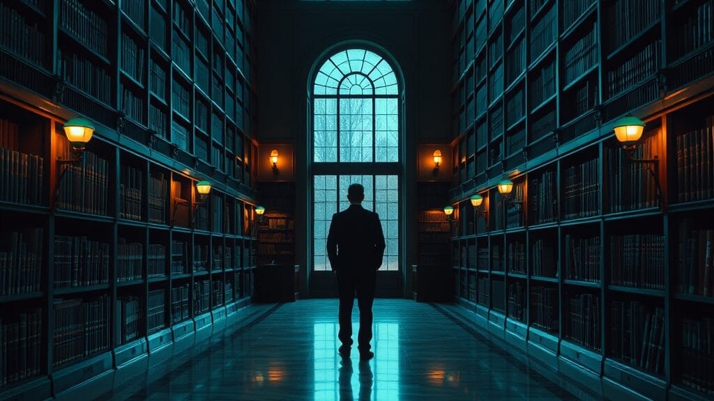 Bibliothèque institutionnelle au crépuscule, silhouette d'un lecteur de dos près d'une fenêtre, sols en marbre.