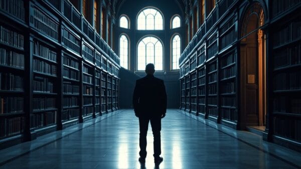 Bibliothèque institutionnelle déserte aux rayonnages de noyer, lumière froide d'archives, silhouette lointaine d'archiviste de dos.