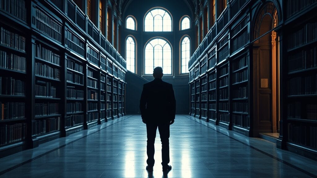Bibliothèque institutionnelle déserte aux rayonnages de noyer, lumière froide d'archives, silhouette lointaine d'archiviste de dos.