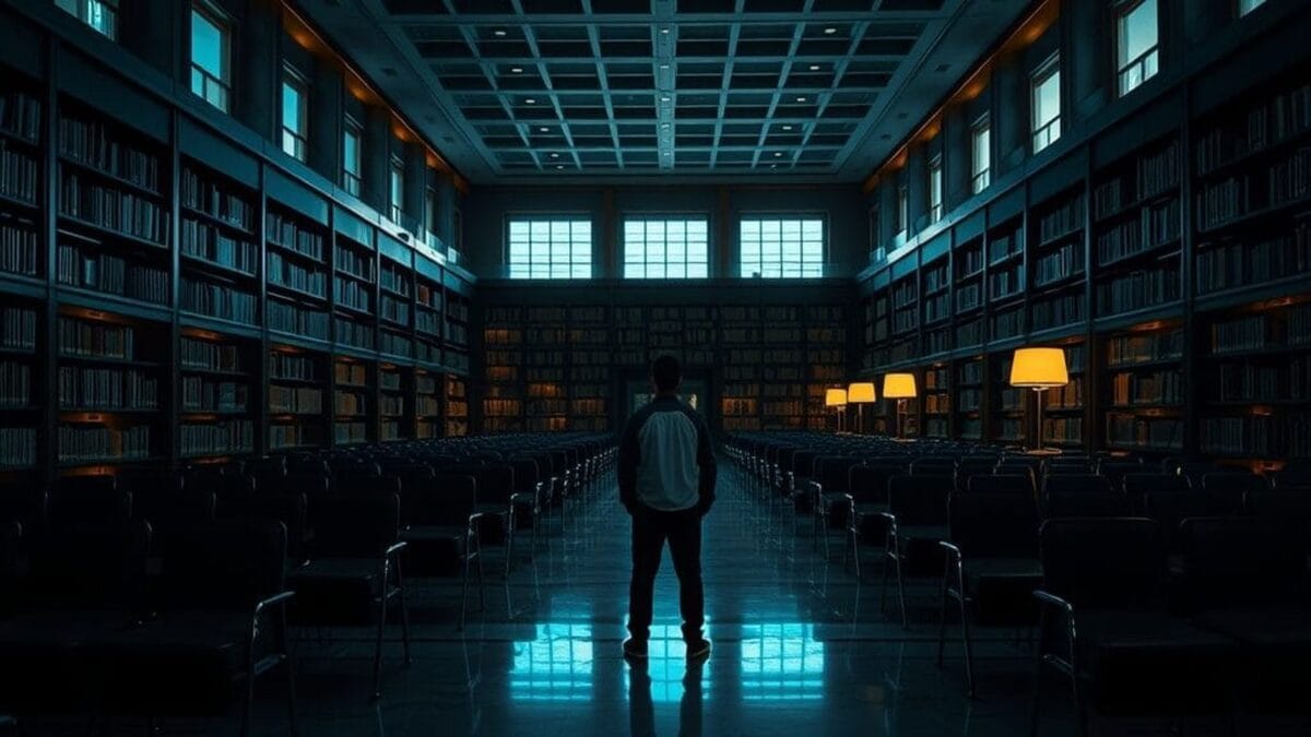 Silhouette d'un jeune adulte de dos dans une bibliothèque institutionnelle déserte au crépuscule.