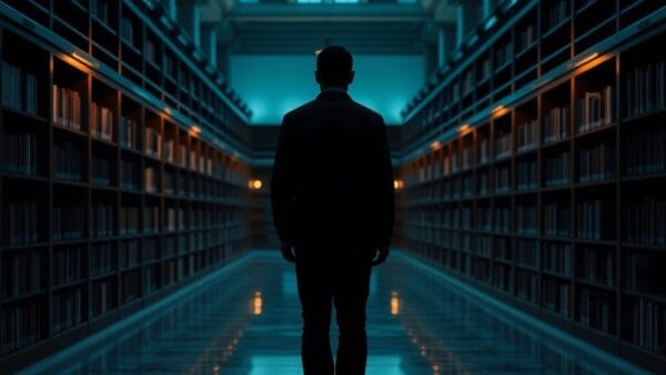 Vaste bibliothèque institutionnelle au crépuscule, silhouette d'un chercheur de dos au fond de la salle.