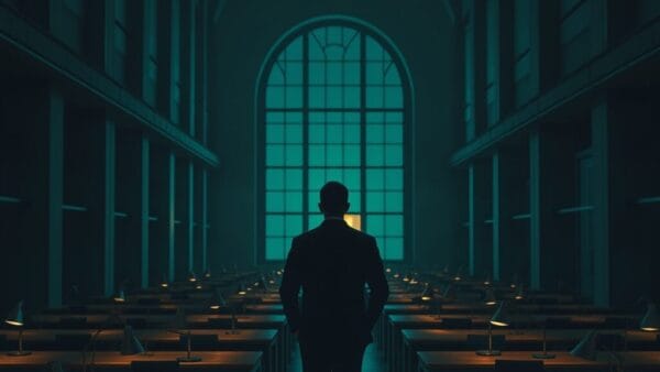 Salle de rédaction vide au crépuscule, silhouette d'un éditeur de dos au fond de la pièce.