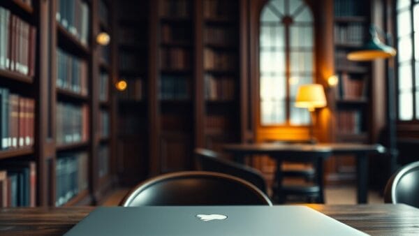 Ordinateur portable fermé sur un bureau en bois dans une bibliothèque silencieuse aux étagères en acajou.