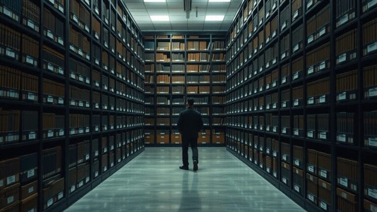Archive institutionnelle aux étagères de bois sombre, marbre poli, silhouette d'analyste au fond.