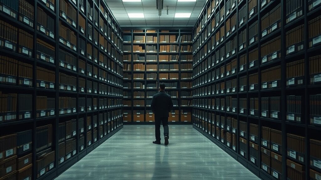 Archive institutionnelle aux étagères de bois sombre, marbre poli, silhouette d'analyste au fond.