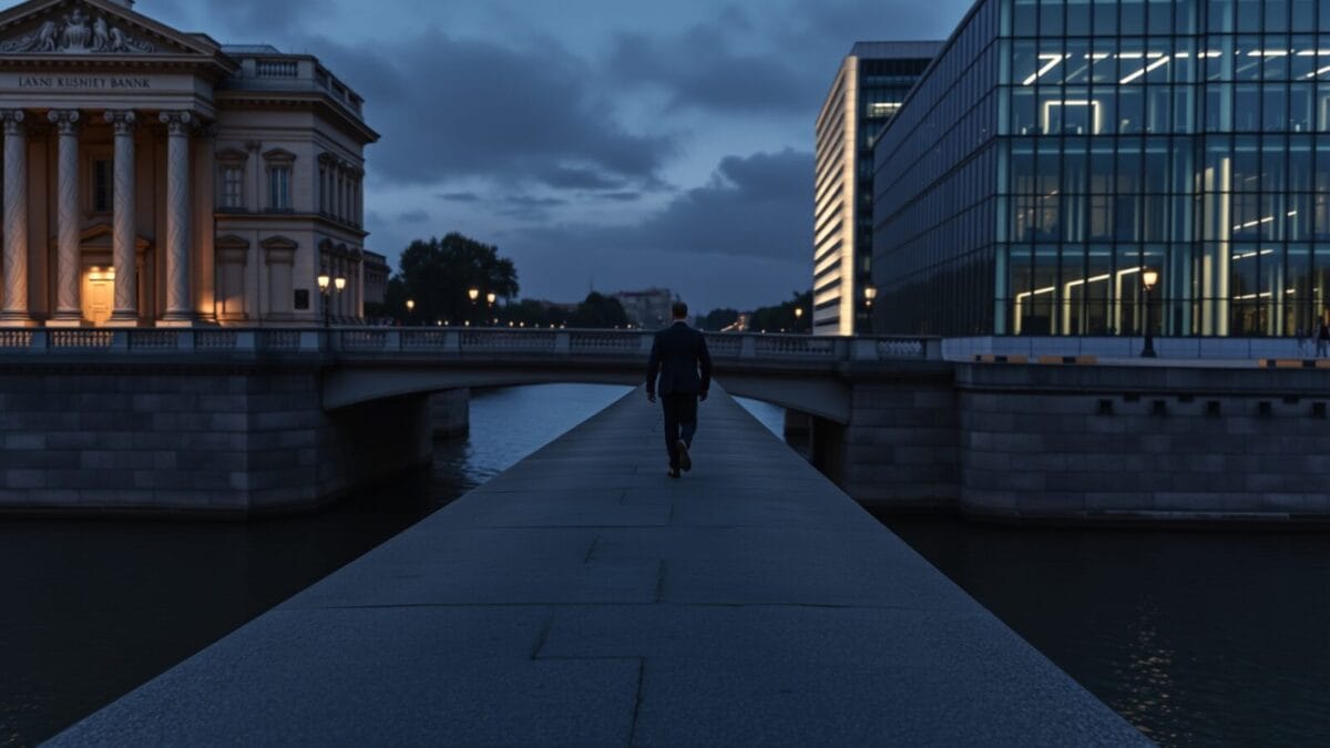 Silhouette d'un homme en costume traversant un pont reliant une façade bancaire classique à un bâtiment moderne en verre, au crépuscule.