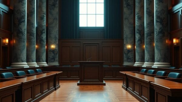 Salle d'audience vide vue depuis le fond, pupitre en bois centré entre deux tables, lumière froide et colonnes de marbre.