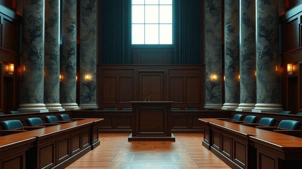 Salle d'audience vide vue depuis le fond, pupitre en bois centré entre deux tables, lumière froide et colonnes de marbre.