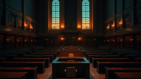Salle d'audience fédérale vide au crépuscule, bancs en bois sombre et lumière ambrée filtrant par les hautes fenêtres.