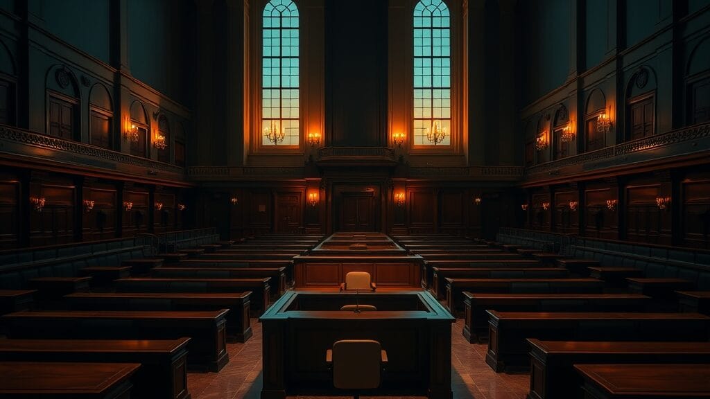 Salle d'audience fédérale vide au crépuscule, bancs en bois sombre et lumière ambrée filtrant par les hautes fenêtres.