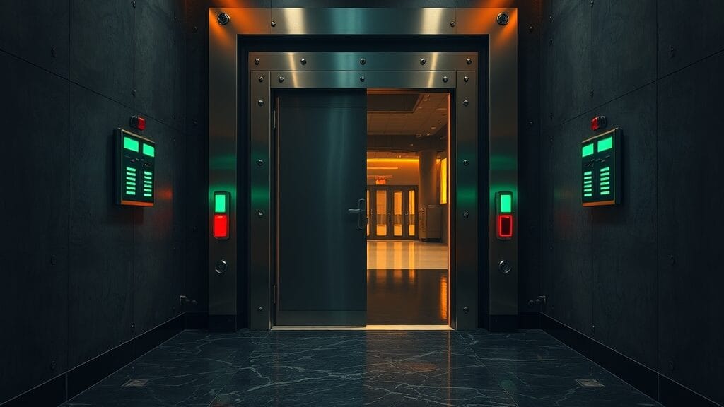Porte blindée entrouverte dans un couloir de commandement souterrain éclairé en vert et ambre.