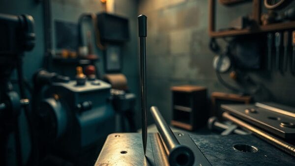 Aiguille industrielle posée sur une plaque d'acier brossé dans un atelier sombre, métaphore de la miniaturisation extrême.