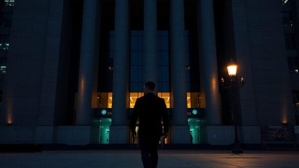 Façade institutionnelle d'une place boursière au crépuscule, silhouette d'analyste de dos s'éloignant.