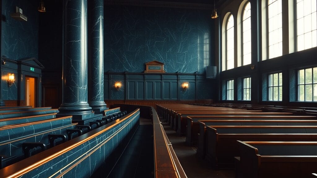 Salle de tribunal vide au crépuscule, colonnes de marbre sombre et bancs en bois.