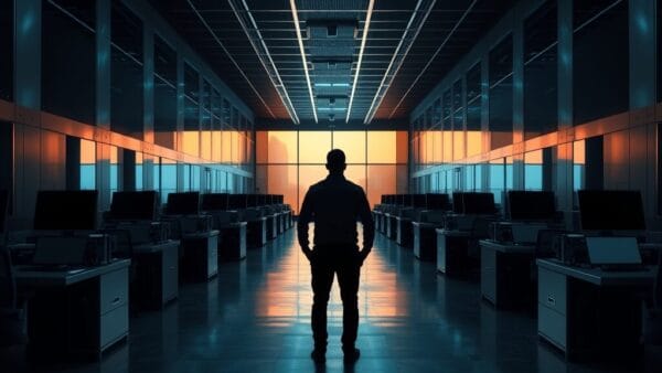 Salle d'opérations de cybersécurité vide à l'aube, silhouette d'analyste de dos.